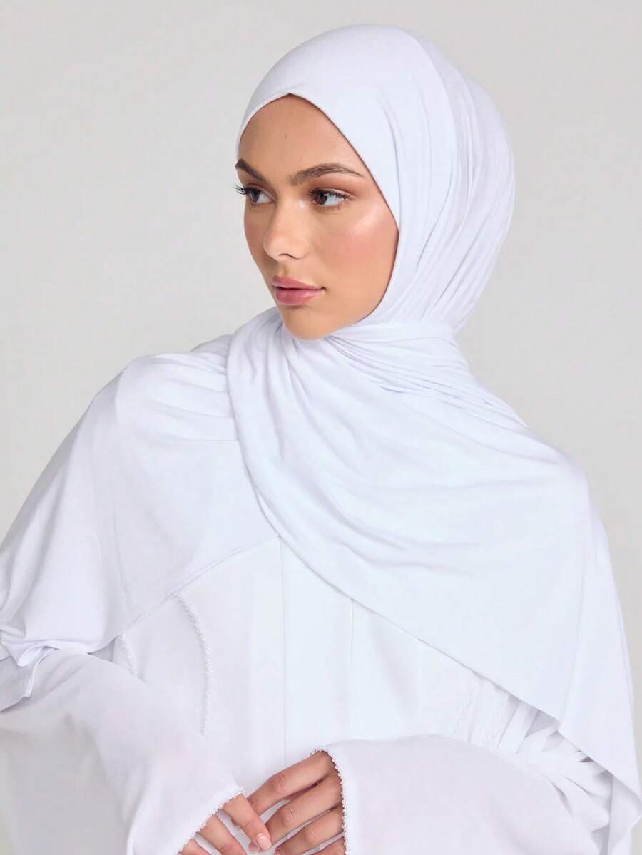 1pc Women's Solid Color Soft & Comfortable Breathable Viscose Muslim Headscarf, Loose Large Size, Versatile For Daily Wear - White - View 1