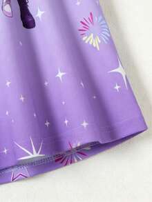 Girls' Cute Purple Cartoon Girl Group Printed Cap Sleeve Dress, Summer Sweet Girl Sequin Star Cap Sleeve Dress, Suitable For Music Festival, Concerts, Casual Wear, Loose & Comfortable, Youthful & Anime-Inspired - Purple - View 8