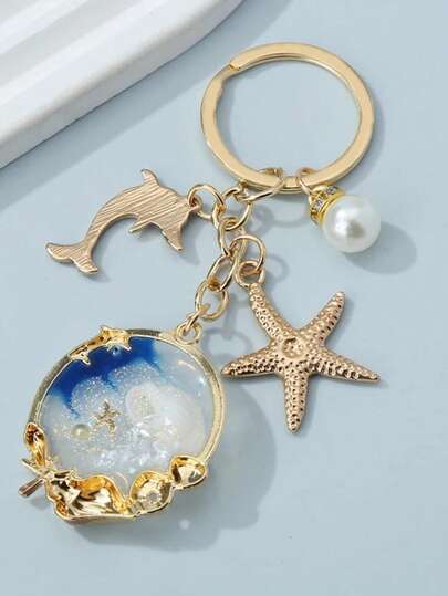 1pc Unisex Marine Animal Keychain Sea Star Shell Pearl Dolphin Pendant Charm Beach Series Gift For Friend Summer
