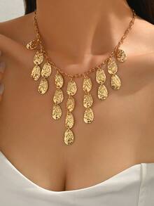 1pc Niche Design Hammered Disc Tassel Clavicle Chain, Vintage Versatile Women Necklace Suitable For Daily Wear, Dates, Parties, Music Festivals - Gold - View 1