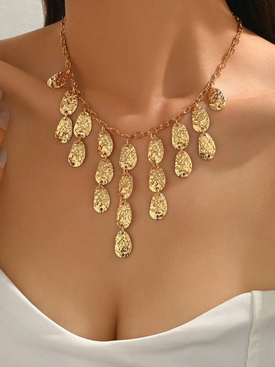 1pc Niche Design Hammered Disc Tassel Clavicle Chain, Vintage Versatile Women Necklace Suitable For Daily Wear, Dates, Parties, Music Festivals - Gold - View 1
