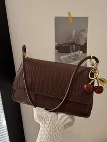Women's Everyday Fashionable Crocodile Embossed Flap Shoulder Bag - Brown - View 11