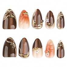 2026hot-Brown Cat Eye Press On Nails - Short Almond Magnetic 3D Glitter False Nails, Unique Holographic Manicure Set - JP4085 - 查看 3