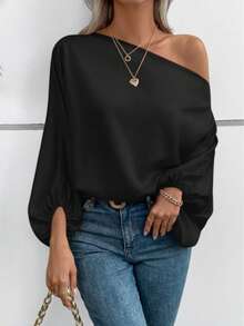 Woman Off-Shoulder  Satin Blouse – Elegant Evening Top For Parties, Dates & Special Occasions - Black - View 2