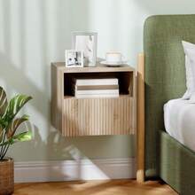 Handleless Bedside Table With Open Compartment, Drawer, And Wall Mounting Hardware, Light Brown - Natural Wood Color - View 3