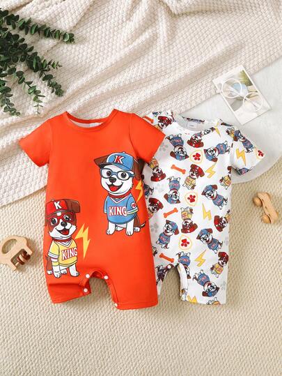 2pcs Baby/Baby BoyCute Dog Bone & Paw Print Graphic Orange Romper & White Romper, Fashionable Outfit For Outdoor Photoshoot, 2026 New Arrival