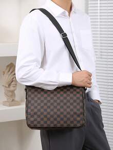 HOVI'S Men Crossbody Bag Black Grey/Brown Yellow Checkerboard Print Fabric - Flip Snap Button Closure Adjustable Strap Large Capacity Tablet Holder Back Pocket New Year Gift Valentine's Day Gift - Brown - View 6