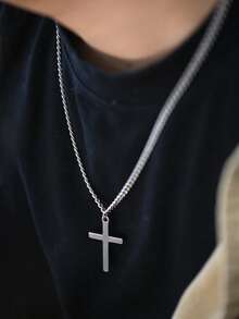 1件装 时尚不锈钢银色十字架装饰吊坠项链 经典链条项链 适合男士佩戴 珠宝配饰 - 銀色 - 查看 3
