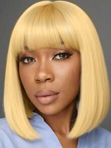 Tóc giả Bob màu vàng hoe 12 inch có mái, tóc tổng hợp thẳng cho nữ, sợi chịu nhiệt độ cao mật độ cao, mềm mại và thời trang, thích hợp cho Halloween, tiệc tùng, lễ hội âm nhạc, phù hợp với mọi phụ nữ - Nhiều màu - Xem 2