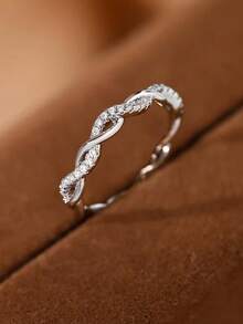 1pc 925 Sterling Silver Twisted Rope Design Ring, Inlaid With Micro Diamonds, Minimalist Everyday Ring, Women's Ring, Exquisite Women's Jewelry Gift, Women's Fashion Accessory - Micro-embellished Twisted Rope Ring - View 6
