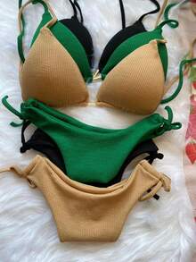 Ribbed Triangle Bikini Bottom, Double String Bikini Bottom, Semi-Thong - Beis - Ver 2