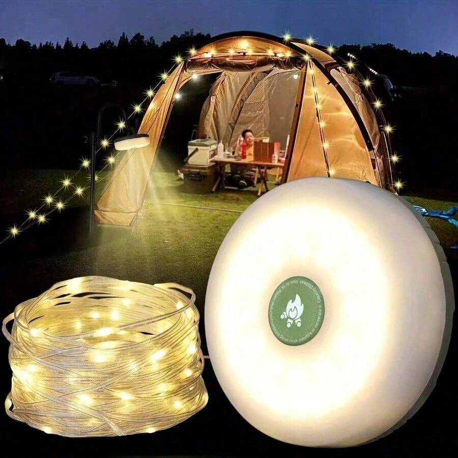 Luces de cadena para camping con luz RGB/cálida recargables por energía solar/USB, lámpara portátil para camping al aire libre, 5 modos, regulable, duradera, adecuada para el Día de San Valentín, Halloween, decoración navideña, camping, fiesta en el jardín, decoración al aire eventos festivos, luces solares