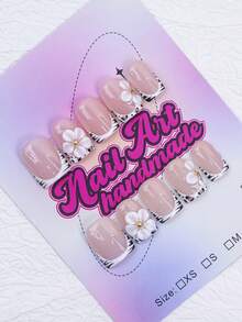 10片/套 手工制作 Y2K 坏女孩风格美甲贴片，裸色、白色、琥珀色、米色亮面法式美甲贴片，花朵、豹纹、十字架、星星、串珠图案，适合女性和女孩，派对、日常佩戴皆宜，包含工具包，精美美甲用品礼品 - 黑與白 - 查看 2