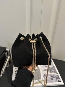1pc Fashionable Solid Color Chain Strap Mini Bucket Shoulder Crossbody Bag - Black - View 10