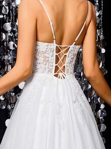 纯色串珠亮片刺绣网纱薄纱伞裙摆露背系带长款婚纱 - 白色 - 查看 5