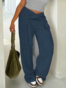 休闲日常加大码交叉系带阔腿长裤，适合假日、节日、晚宴、复古风、情人节、新年、优雅女士、海滩装扮、感恩节装扮、毕业典礼、音乐会女装、夏季女装、锐舞节装扮、音乐会女装、早午餐女装、商务休闲女装 - 寶藍色 - 查看 2