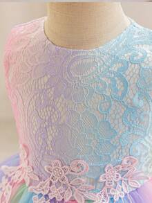 Girls' Princess Lace Rainbow Tulle Dress, Colorful Gradient Puff Mesh Dress For Birthday Party, Holiday, Performance, Ballet Dance, Sleeveless Cute Backless Dress For Girls - Multicolor - View 8