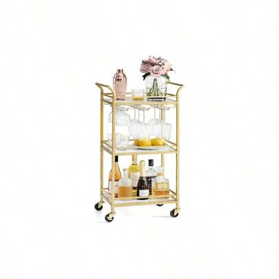 Carrito de 3 Niveles, Carro de Cocina Dorado, Espacios Pequeos, Ruedas, Pasamanos, Cocina, Comedor, Bao, Saln, Dorado Plido MLRC101A01