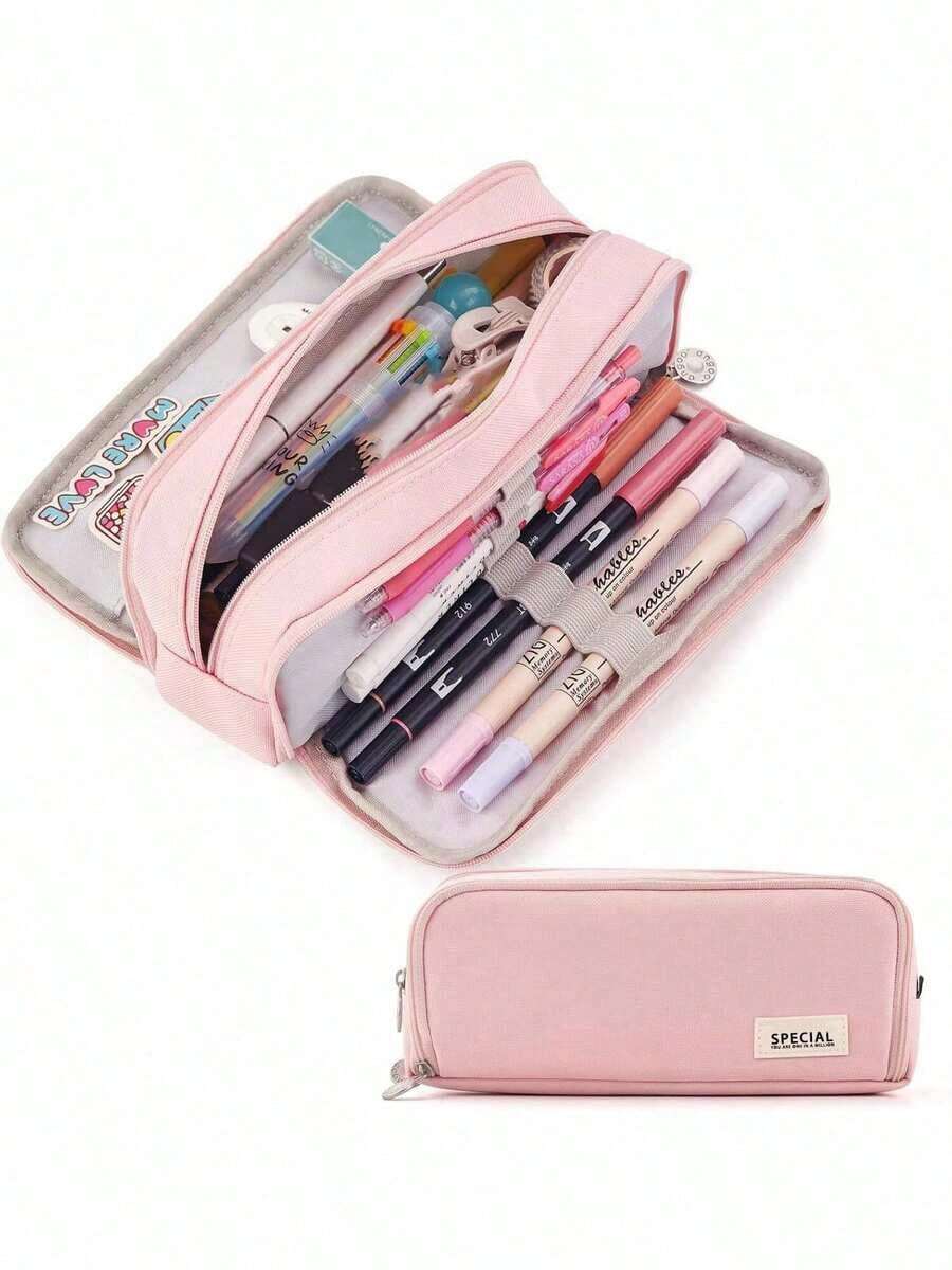 Large Capacity Pencil Case With 3 Compartments, Suitable For Students, Teens, Unisex, Back To School Essential, Includes Stationery, Pencil Pouch And Backpack,Bag - Hồng - Xem 1