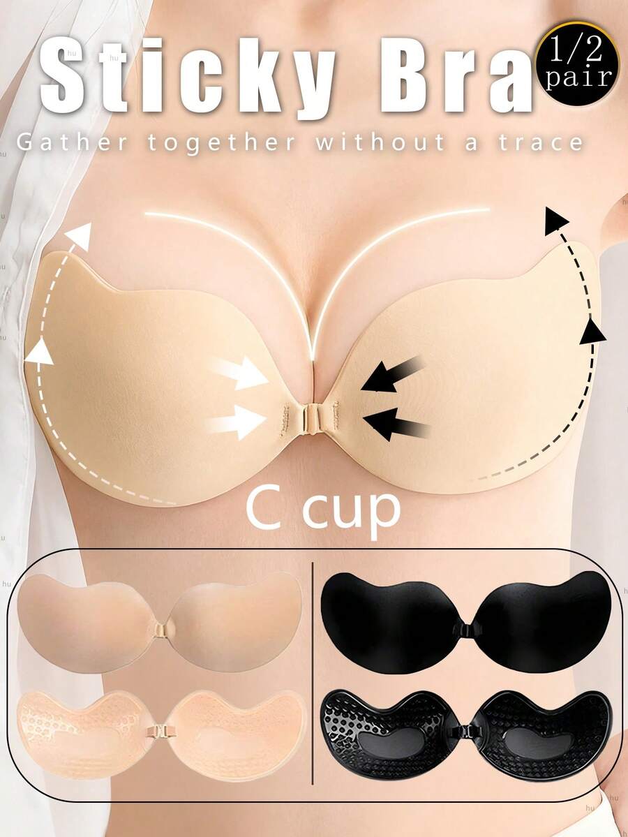 1/2/4 Pcs Reusable Sticky Silicone Front Closure Bras, Breathable & Skin-Friendly Cups, Suitable For A-D Cups, Deep V Backless Dresses