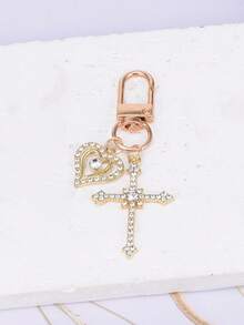 1件女士简约水钻十字架心形吊坠钥匙扣，优雅风水钻石心形精致礼物，耳机盒钥匙扣配件 - 金色 - 查看 1