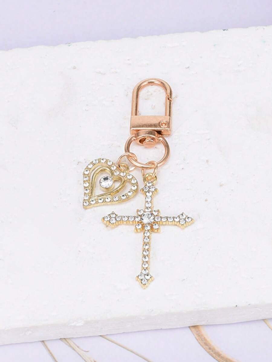 1件女士简约水钻十字架心形吊坠钥匙扣，优雅风水钻石心形精致礼物，耳机盒钥匙扣配件 - 金色 - 查看 1