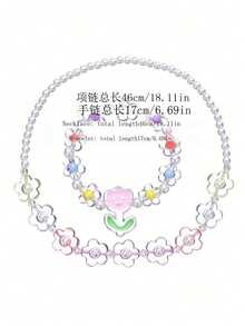 طقم مجوهرات من سوار وقلادة بخرز متعدد الألوان على شكل زهور - تعيين - مشاهدة 7