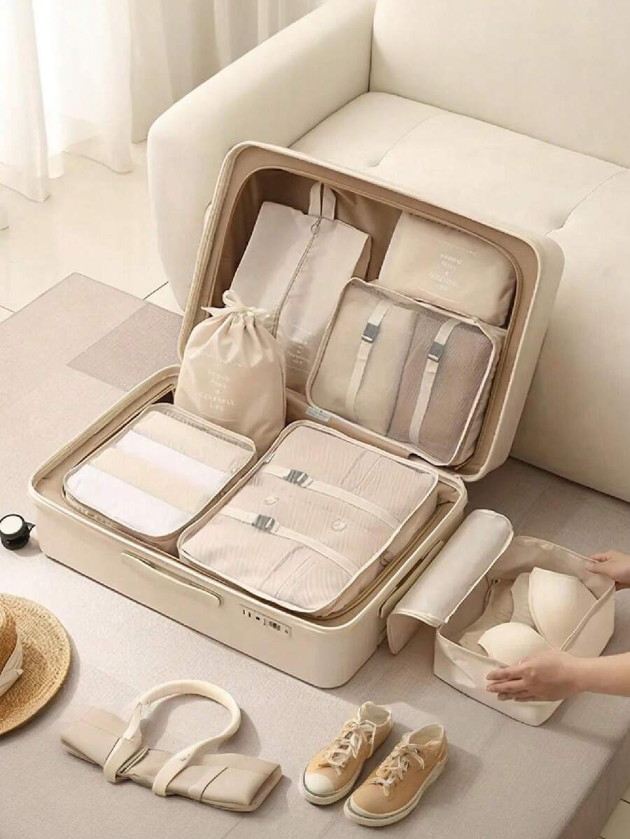 7件套多功能收纳袋套装 - 包括内衣收纳袋、衣物收纳袋、励志语录行李收纳袋、衣物、内衣、鞋子、化妆品收纳袋，高效时尚，尼龙材质。 - 彩色 - 查看 1