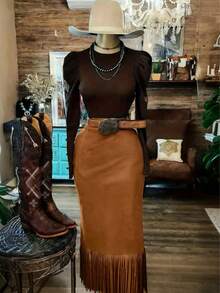 西部麂皮流苏半身裙，休闲百搭纯色流苏街头风半身裙，适合女性春季穿着。 - 鏽棕色 - 查看 9