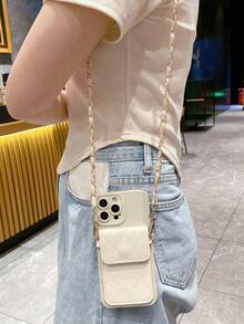 Wallet 1pc Fashion Long Chain Card Holder + Minimalist Beige Eye Design Anti-Drop TPU Phone Case, Shoulder Strap Compatible With IPhone17/17pro/17Air/17promax, OPPO, Vivo, Redmi, Series - Beige - View 2