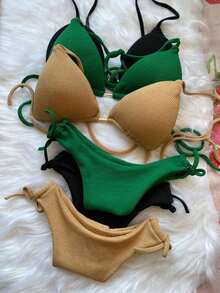 Ribbed Triangle Bikini Bottom, Double String Bikini Bottom, Semi-Thong - Beis - Ver 3