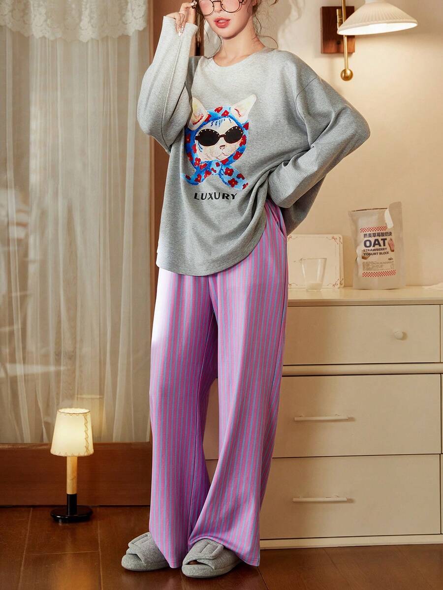 2pcs/Set Women Cotton Cute Printed Long Sleeve Pajama Set, Spring/Autumn - Grey - View 1