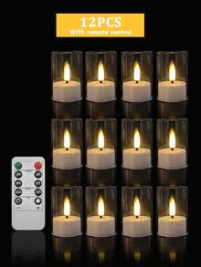 6/12/24pcs Flickering Flameless Candles, Battery Operated Candles With Timer And Remote Control, LED Wishing Candles For Tabletop Centerpiece, Suitable For Christmas, Halloween, Valentine's Day, Dining Table, Room Decor, Wedding, Party, Gift - Transparent - Cup Wax - View 12
