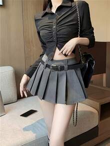 Women's Fashion Pleated Mini Skirt With Belt, Grey Casual A-Line High Waist Non-Stretch Fabric Skirt, Suitable For Daily Wear - Grey - View 5