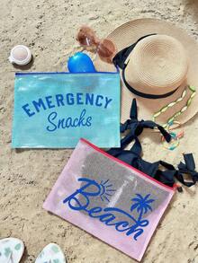 轻便PVC热带字母印花沙滩包 | 透明游泳包，男女通用，带肩带和拉链，可水洗，适合游泳、旅行、上学、沙滩等场合 - 彩色 - 查看 4