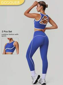 2 piezas Conjunto deportivo para mujer con bloques de color, sujetador deportivo con espalda descubierta de alta intensidad y leggings de yoga de cintura alta, ropa deportiva para todas las estaciones - Azul - Ver 2