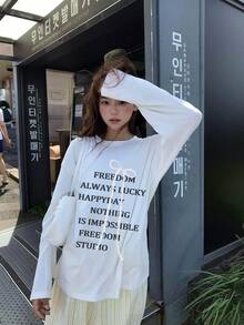 1pc Women's Casual Loose Cotton T-Shirt, Sweet Bow & English Print Pattern, Round Neck Top For Daily Wear, Spring/Autumn - White - View 1