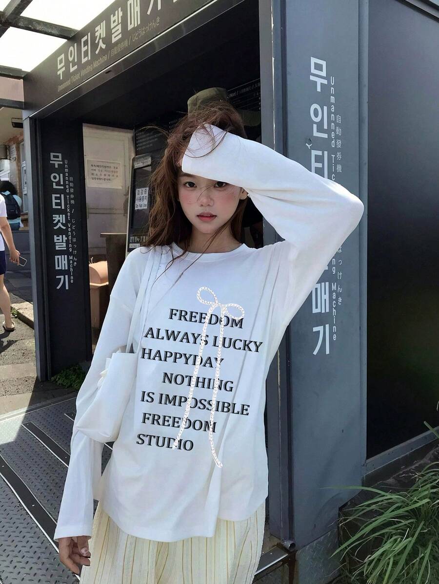 1pc Women's Casual Loose Cotton T-Shirt, Sweet Bow & English Print Pattern, Round Neck Top For Daily Wear, Spring/Autumn - White - View 1