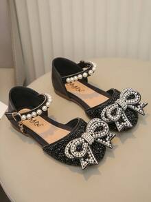 Big Kids Girls Casual School Flats Princess Style Bowknot Rhinestone Pearl Shoes - Black - View 2