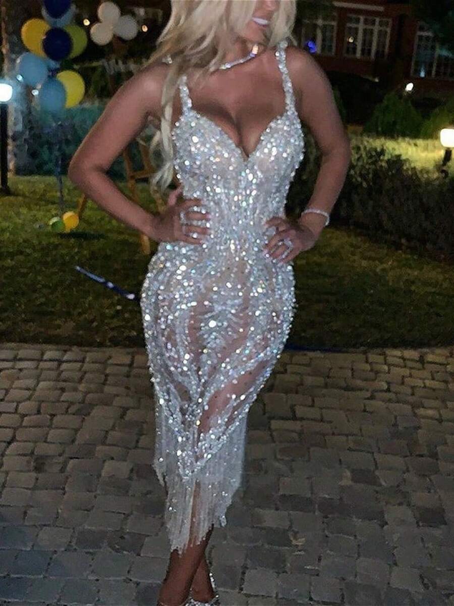 Women's Sequin Deep V Long Sleeve Dress - Bodycon Mini Party Cocktail Dress - Silver - View 1