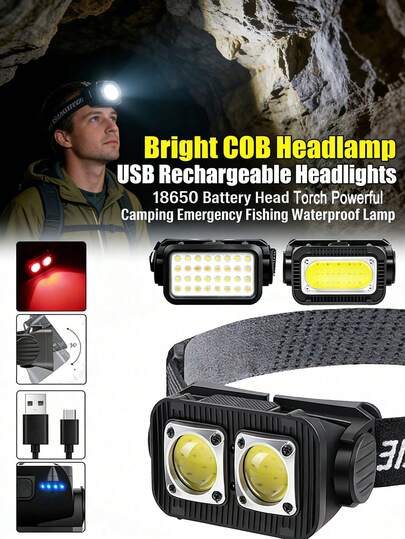 Linterna frontal COB de alta luminosidad, batería recargable USB 18650 de alta capacidad, diseñada para acampada al aire libre, emergencias, pesca y reparaciones, impermeable, duradera y portátil, equipo y artículos esenciales para acampar