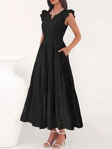 Womens Boho Maxi Dresses  Summer Floral Lace Eyelet V Neck Spring Wedding Guest Dress Beach Vacation Clothes - 黑色 - 查看 3