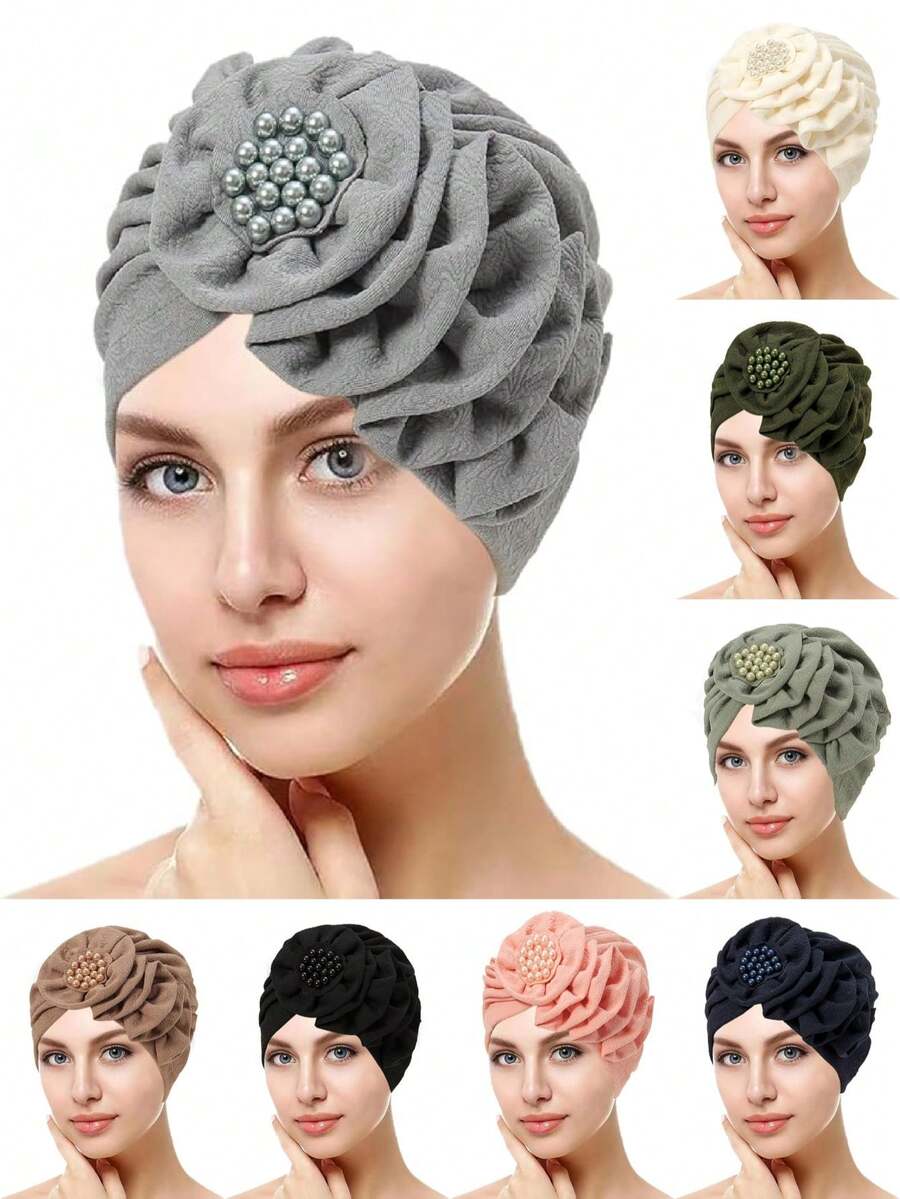 1pc Women's Chemo Head Scarf - Beaded Floral Solid Color Pre-Tied Head Wrap, Suitable For Cancer Patients Sleep Bonnet,Summer,Beach,Hat,Holiday,Travel - Multicolor - View 1