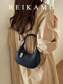 时尚纯色PU新月形手提包，女士款，小巧百搭，配有可调节肩带，适合大学、通勤、购物、休闲等场合。 - 黑色 - 查看 5