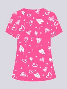 cimmuovere Plus Size Women's V-Neck Loose Short Sleeve Cute Heart Print Dual Pocket Scrubs Nurse Scrubs Workwear Dentist Healthcare Pet Hospital Laboratory Top Pink Spring - Pink - View 9