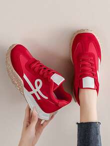 Women's Casual Sneakers, New Thick Sole Anti-Slip Comfortable Sports Shoes, High-Top Round Toe Lace-Up Comfortable Shoes, Mid-Top Round Toe Lace-Up Comfortable Outdoor Sports & Leisure Shoes, Comfortable Women's Training Shoes - Red - View 6