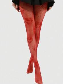 1双加大码女士爱心图案连裤袜，高弹防滑，舒适透气针织面料，可爱爱心设计，适合日常休闲穿着、约会、购物、派对等场合。 - 紅色 - 查看 3
