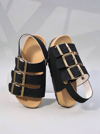 1 Pair Boys' Retro Copper Metal Buckle Faux Suede Soft Non-Slip Open Toe Sandals With Adjustable Strap, Thick Sole Vintage Casual Style For Daily Wear, School, Outdoor, Summer
