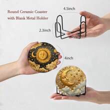 Juego de 4 posavasos redondos de cerámica absorbentes con soporte de metal y base de corcho posavasos temáticos de vida marina para mesa de centro cocina fiesta inauguración de casa-B006 - Sol y Luna Dorados - Ver 5