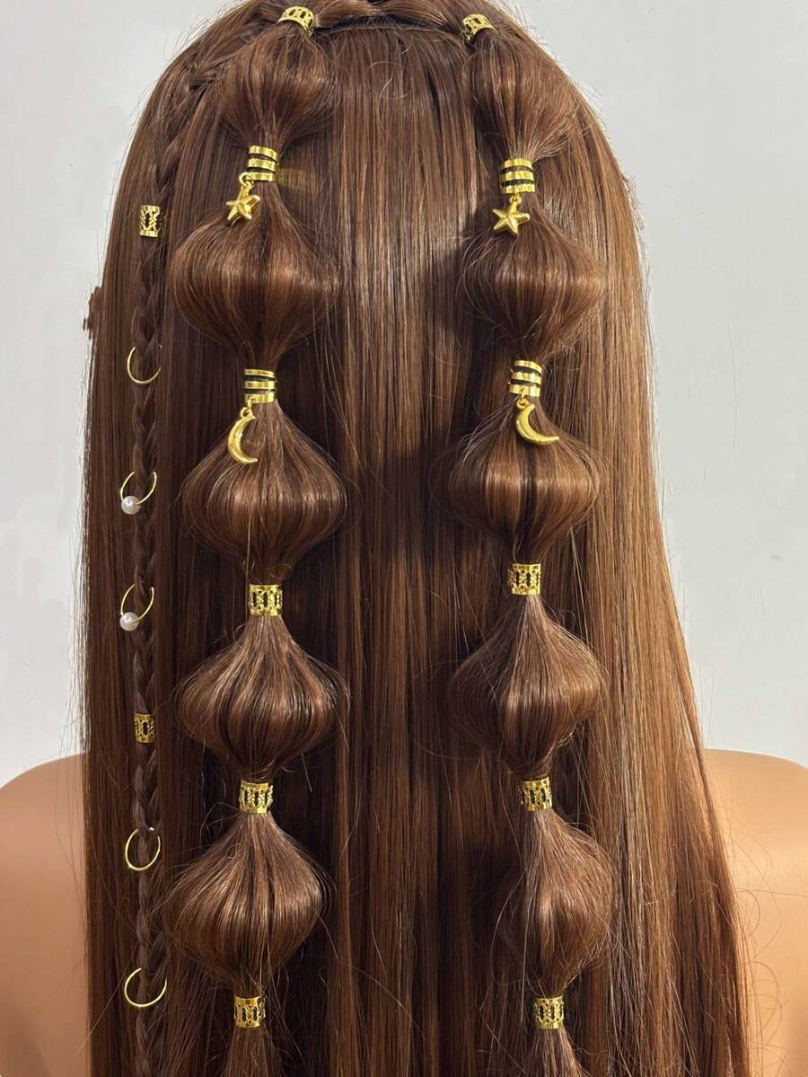 46个星月图案几何发圈，适合女性，可用于节日、派对、约会等各种场合，百搭时尚 - 金色 - 查看 1